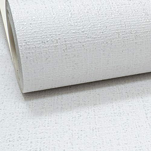White Thick Textured Silver Glitter Vinyl Wallpaper Shimmer Linen Effect Plain