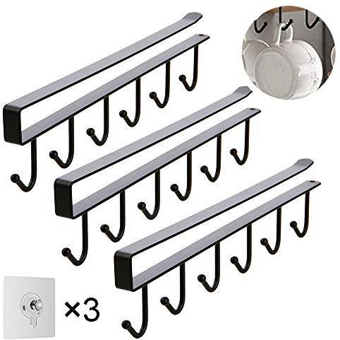 3 Piezas Colgador Tazas 6 Ganchos, Organizador Tazas Cocina Colgador Utensilios Cocina, Barra Cocina Colgar Utensilios Soporte Utensilios Cocina, Soporte Tazas Cafe Con 3 Tornillos Adhesivos