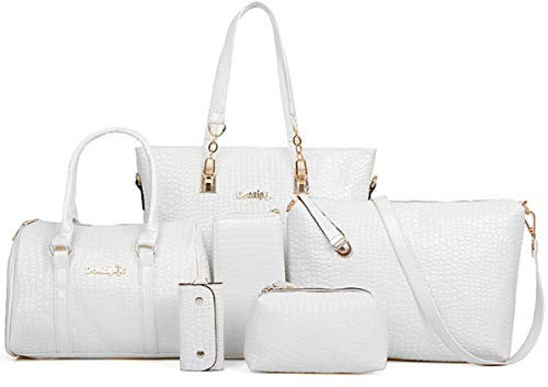 FiveloveTwo Damen-Handtaschen-Set, Hobo-Clutch, Tragegriff, Umhängetaschen und Geldbörse, große Tasche, Tragetasche, Umhängetasche, Geldbörse, Kartenhalter, 6-teilig, Geldbörse, Weiß