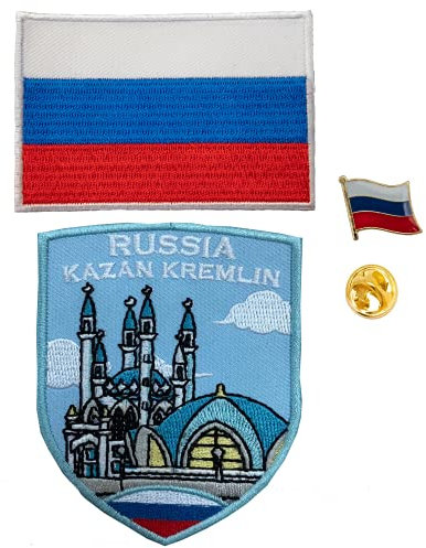 A-ONE 3 Stück Kasan Kremlin Russland Länderflagge zum Aufbügeln + Russland Flagge bestickt + Russland Abzeichen Anstecknadel