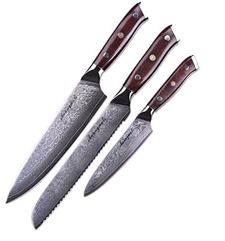 Juego de cuchillos de cocina VG10 Damasco Steel Professional 3 unids Kit Chef Cuchillos Pan Utilidad Cocina Cuchillos Herramienta con mango de madera Cuchillo de chef (Color : Brown)