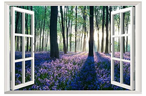 Lichi Adesivo da parete in finta finestra 3D, realistica vista sul campo di fiori del bosco, poster fotografico con natura, carta da parati autoadesiva, per camera da letto, bagno, soggiorno,