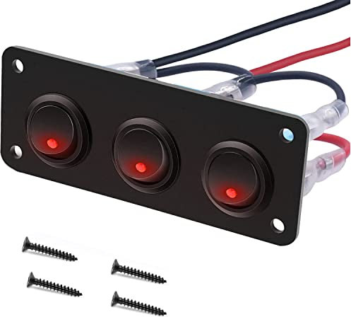 RUNCCI-YUN 12V/24V Schalter Panel,3 Gang ,Auto Kippschalter Panel, SPST 3 Polig 2 Position Runden Wippschalter Kippschalter Panel mit Rot LED Licht für RV, Auto, Yacht, Marine (12-24V)