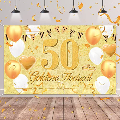 50.Goldenen Hochzeit Banner,BTZO Goldene Hochzeit Deko Stoff Banner für 50 Jubiläum Hochzeitstag Dekoration Tisch Garten Mauer Innen Außen Hintergrund Deko,180 x 110cm
