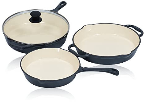 Mahlzeit Juego de Sartenes de Hierro Fundido Esmaltado Blue Berry | 3 Piezas | Ø 24 cm, Ø 29,5 cm, Ø 29 cm | Mora Azul | Sartén Redonda Esmaltada con Tapa | Ollas de Cocina Esmaltadas