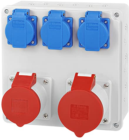 ADELID Baustromverteiler Stromverteiler 1x 16A 1x 32A 5-polig 400V CEE 3x 230V Schuko Steckdosen | Anschlussfertig IP65 Wandverteiler | Vernickelte Kontakte IK10 | Baustelle Industrie