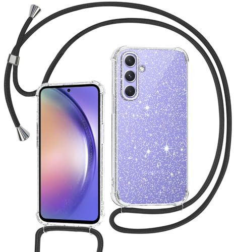 Tikgue Coque pour Samsung Galaxy A54 5G avec Cordon, Collier Coque Glitter Transparent Paillettes Etui TPU Bumper Silicone Case avec Chaîne Lanière Housse Compatible avec Samsung Galaxy A54 - Le Noir