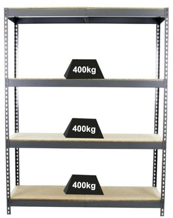 PROREGAL Weitspannregal Wood Yeti Four | HxBxT 200x120x45cm | Fachlast 400kg | Grau Schwerlastregal Metallregal Kellerregal Werkstattregal Lagerregal