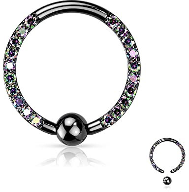 Treuheld® Titan Klemmkugelring mit Kristallen | 4 Farben [02.] schwarz - Kristalle: Regenbogen (dunkel)