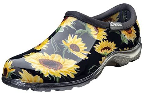 Sloggers Original Waterproof Rain and Garden Shoe for Women– Outdoor Slip-On Garden Clog - Made in The USA with Premium Comfort Insole and Arch Support, Sunflower Print Black, 7 UK
