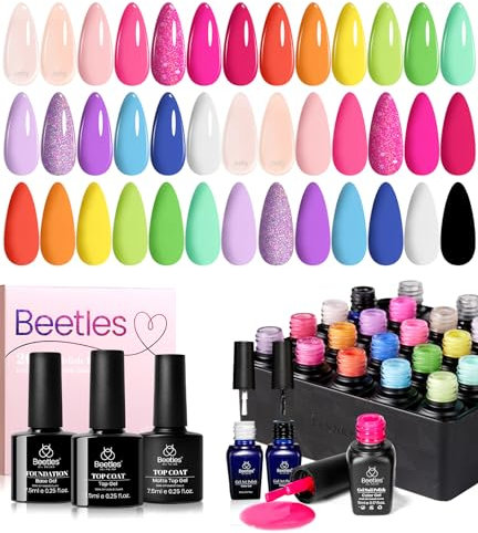 Beetles Gel Polish Gel Nagellack UV 23 Stück, 20 Farben Gelnagel mit 3 Überlack Unterlack 18 Stk Kunstlack und 2 Stk Weiß Schwarzes Liner für UV Kunstnägel Geschenke Mädchen und Frauen