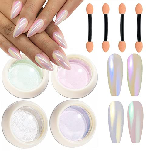 Pearl Chrome Nail Powder, 4Pcs Magic Mermaid Chrome Nail Powder Metallic Mirror Effect Pigment Nail Glitter shell Glitter Dust Kit for Gel Polish Nail Art Decoration with Tool