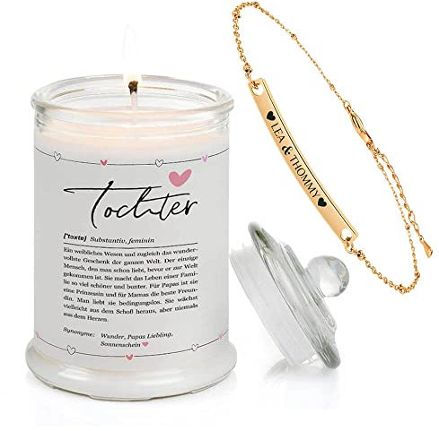 Himmelsflüsterer - Schmuckkerze Nr.1 Definition als Tochter Geschenk - Groß | inkl Armband mit Gravur | Duft: Vanille | 100% Sojawachs | 100h lange Brenndauer | 400g Wachs | Handgemacht