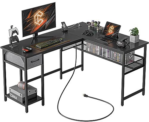 CubiCubi L Shaped Gaming Desk with Power Strip, 150 * 120cm Reversible Corner Computer Desk with Storage Shelves, Modern Home Office Gaming Table, Black