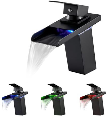 KEOKBON LED Schwarz Wasserfall Wasserhahn, RGB 3 Farbewechsel Waschtischarmatur Einhebelmischer aus Rostfreier Stahl 304 Waschbeckenarmatur für Badezimmer, 2 Schlauches(G3/8 x 50cm )
