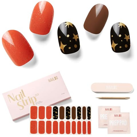 NAILOG Semi Cured Gel Nail Strips (20Pcs Extra Long Stickers/Wraps) | Glossy & Long Lasting Soft Gel Finishing | Sienna Myth