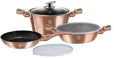 Berlinger Haus, Batterie de Cuisine de 6 Pièces, Collection Rose Gold, revêtement en marbre antiadhésif à 3 couches, Poignée de touche souple ergonomique, Pour tous feux