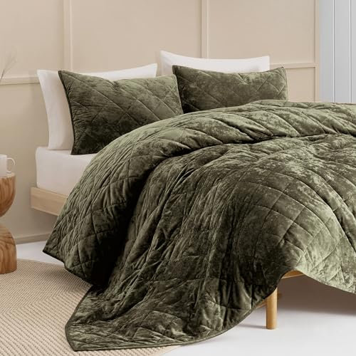 SHALALA Samt-Bettwäsche-Set für King-Size-Betten, leichte Steppdecke, luxuriöse Diamant-Steppdecke und Decke für alle Jahreszeiten (Armeegrün, King-Size)