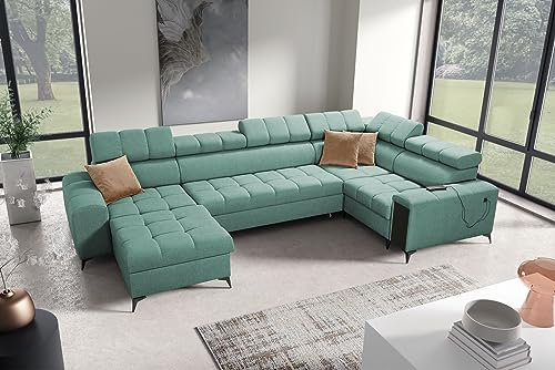 All4All Ecksofa mit Schlaffunktion Gonti IV Mini 337x201 cm - Schlafsofa mit Bettkasten - Sofa in U-Form - Wohnlandschaft XXL Sofa - Eckcouch Groß - Seite Links - Mintfarbe - Gewebe - Modern 26
