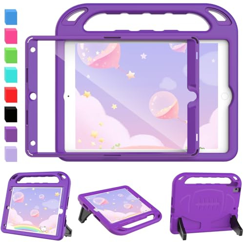 SINSO Case for iPad 9th 8th 7th Gen 2021/2020/2019 10.2 Inch, Purple | Built-in Screen Protector, Shockproof Kids ipad Cover, Lightweight Protective Case, Protable Handle, Sturdy Stand