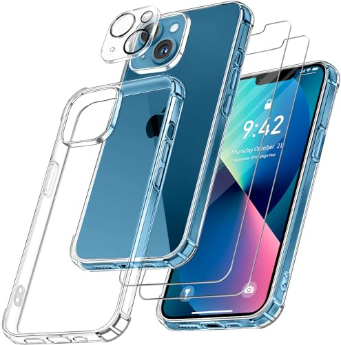 FLLAO 4 en 1 Coque pour iPhone 13 Mini 5.4, Transparent | 2 Verre Trempé et 1 Caméra Protecteur, Coussin d'air Intégré, Antichoc Antirayures Bumper Protection