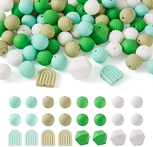 Boutigem Lot de 88 perles rondes en silicone vert arc-en-ciel hexagonales en spirale pour loisirs créatifs, porte-clés, fabrication de bijoux, Vert, 12 styles