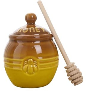 YORROR 300ml Ceramic Honey Pot with Lid and Wooden Dipper,10oz Porcelain Honey Jar Container for Syrup Jam Jelly Home Kitchen Storage (Yellow-1)
