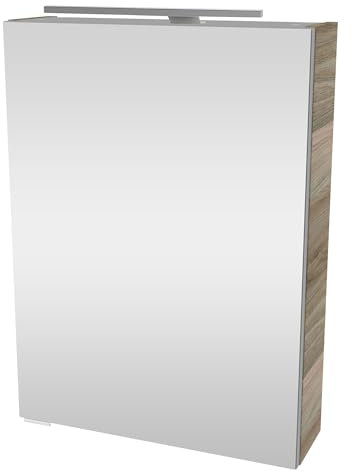 FACKELMANN Luxor Spiegelschrank mit LED-Beleuchtung – Alibertschrank für Bad und Gäste-WC (50 x 68 x 15,3 cm) – SBC Badschrank mit Spiegel in Holz Grau – Tür rechts