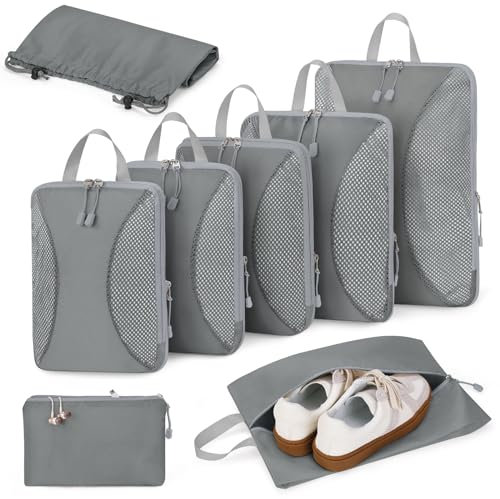 Anjing Packing Cubes Compression - 8-teiliges, Koffer Organizer Set mit Kompression, Komprimierbaren Packwürfeln zur Organisation, Packwürfel für Koffer, Grey