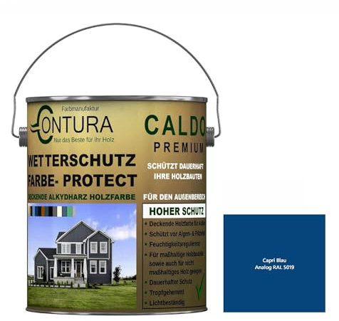 Contura Wetterschutzfarbe 2,5 Liter Holz Dauerschutzfarbe Deckend Buntlack Holzfarbe Holzlasur Seidenmatt (Capri- Blau - RAL 5019 Analog)