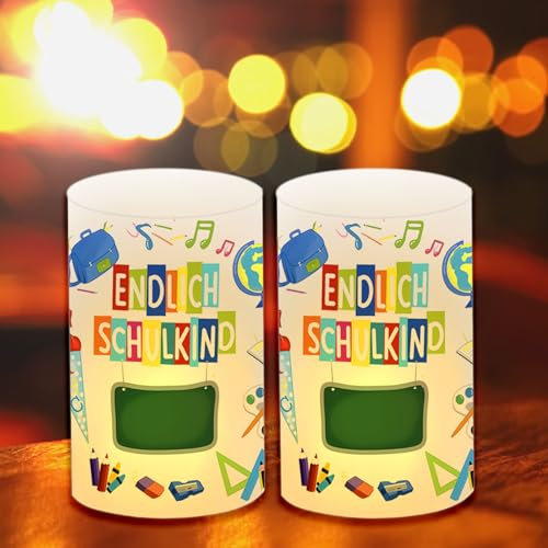 ALLAVA 10 Stück Windlichter Tischdeko, Einschulung Mädchen Junge, Deko Einschulung Schulkind 2024, ABC Zuckertüte Tafel Rucksack Motiv Schule, Geeignet für Teelichter oder Kerzen