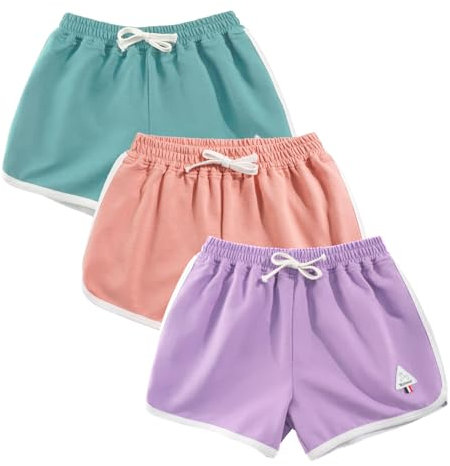 Rolanko Mädchen Gym Kurze Hose, Baumwolle Sommer Heiß Kurze Running Hosen, Kinder aktive Sport Bekleidung zum Tanzen und Yoga, 3 Packungen (Violett Rosa Verde, Größe:140, 8-9 Jahre)