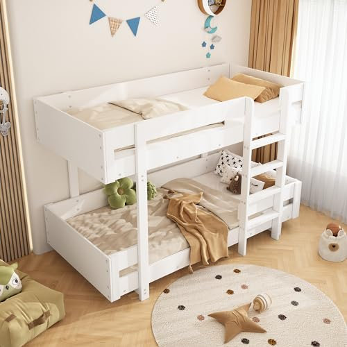 YESGIGA Kinder-Etagenbett, Doppelbett, Mit Treppe, Schlichtes Design, Verstärktes Geländer, ohne Matratze, 90x200cm, Weiß