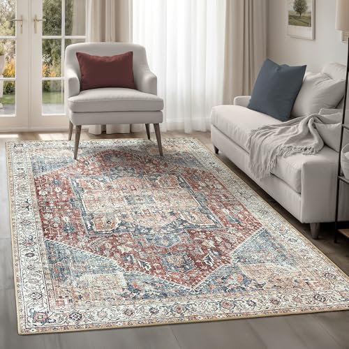 artyrugs Machine Washable Rug, 200x290cm, 75% Recycled Cotton, Short Pile, Non-Slip Backing, Non-Shedding, Area Rugs for Living Room, Bedroom, Kitchen, Hallway, Office, Crimson Red & Navy