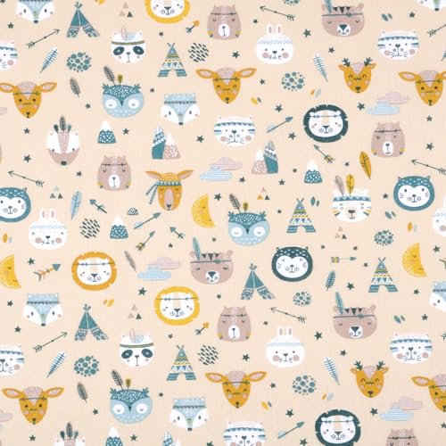 Stoff Meterware Kinderstoff Baumwollstoff - 1 Meter, Nähen, Bettwäsche, Kinder, Baby, Jungen, Mädchen, Bekleidung, Deko (Indianer Tiere)