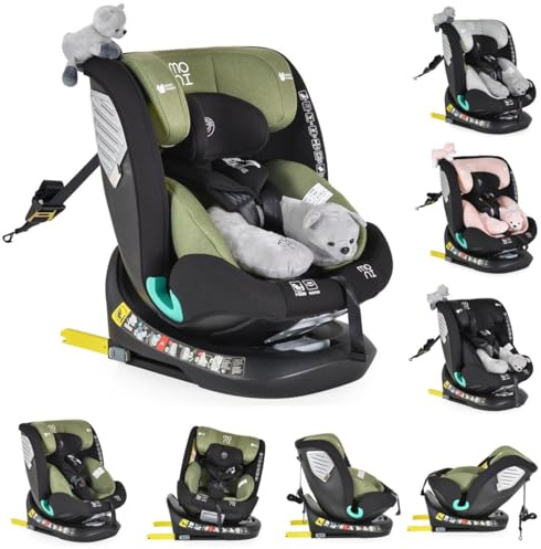 Moni Kindersitz Serengeti i-Size (40-150cm) Isofix, Kuscheltier, Nackenkissen, Farbe:grün