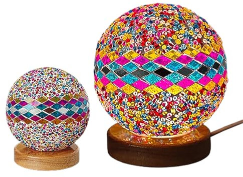 NNXHWY Lampada da Tavolo Turca, Lampade in Vetro Mosaico con Base in Legno, Lampada da Comodino in Vetro Colorato, Lampada Marocchina Turca da 3,9 Pollici, Luce Notturna a Sfera (Rosa