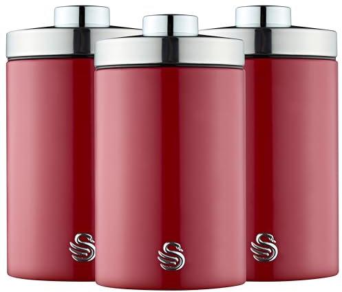 Swan SWKA18530RN Townhouse Set of 3 Kitchen Storage Canisters for Tea, Coffee, and Sugar with Pull Chrome Handles, Airtight Lids, Colour Coated Iron and Chrome Accents, 1.6L, Red