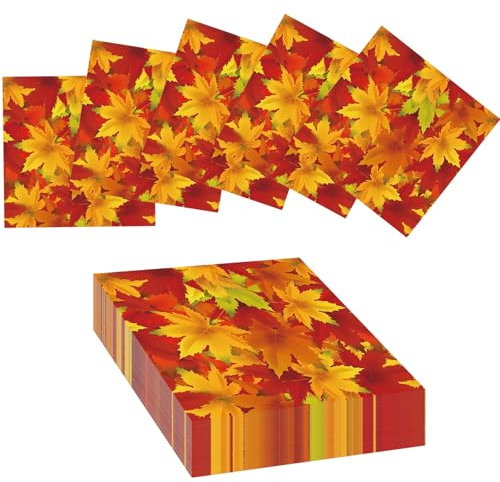60 Stück Servietten Thanksgiving Deko Herbst Servietten, 33 x 33 cm Herbst Tischdeko Papierservietten Herbst, Herbstlaubb Papierservietten Ahornblätter Servietten