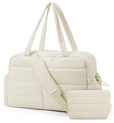 bagsmart Reisetasche Sporttasche Damen, 31L Wasserabweisend Puffer Handgepäck Tasche Weekender Bag Gesteppt Laptop-Handgepäck mit Kosmetiktasche, Kliniktasche Geburt für Gym, Fitness, Arbeit, Beige