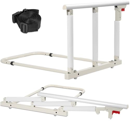 OUUTMEE Bettgitter 68x46 cm klappbar mit Aufstehhilfe Weiß | Klappbares Bettgitter、sicherer Halt beim Aufstehen、Befestigungsgurt für stabile Nutzung am Bett