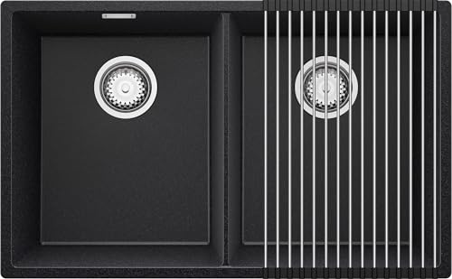 PRIMAGRAN Fregadero Cocina al Mueble 80cm + Kit de desagüe, 76x47cm | Set: Kit de desagüe + Enrollable Escurridor + London Twin Slim 2 Senos Granito, Grafito