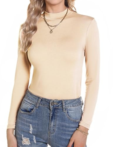 Aottori Damen Langarmshirt Slim Fit Baumwolle Rollkragenshirt Eng Stretch Basic Tops Unterwäsche Elegant Thermooberteile Turtleneck T-Shirt Sexy Frühling Beige S