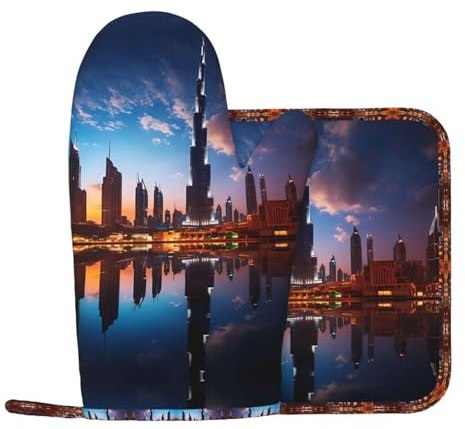 WBQLSL Dubai Sidewinder Tower bedruckte Ofenhandschuhe-Set – geeignet zum Backen, Grillen, Kochen
