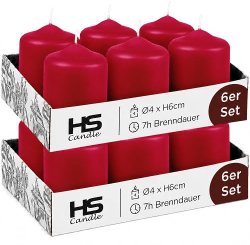 HS Candle Stumpenkerzen Rubinrot (12 Stück) Ø4x6cm, 7h Brenndauer, EU | Teelichtgröße Ø4cm, gleichmäßig abbrennende Wachskerzen, unparfümiert – ideal für Advent, Weihnachten & romantische Abende