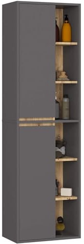 AKORD Bad-Hochschrank Hängend VAMI - 2 Türen, 10 Regalböden - Feuchtigkeitsbeständig - Laminierte Spanplatte - Badmöbel - Hoch Badschrank für Kosmetik - B50xH170xT30 cm - Graphitgrau & Artisan-Eiche