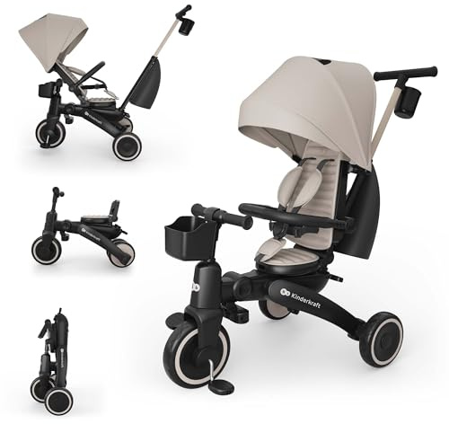 Kinderkraft JAZZ 3 Tricycle Bike, 360° Rotating Seat, Reclining Seat, Foldable Frame, UPF 50+ Canopy, Parent Control Handle, Balance Bike Function, Beige