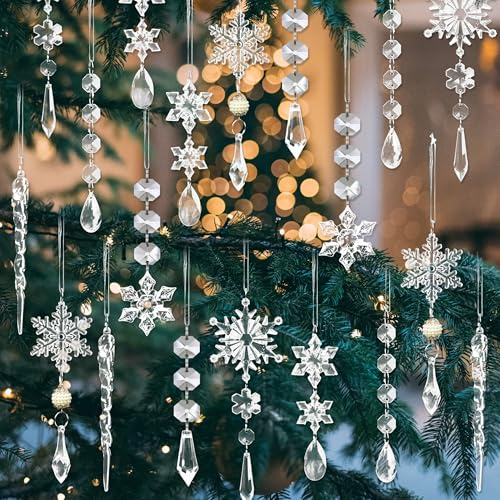 22 Stück Schneeflocken Christbaumschmuck, Acryl Weihnachtsbaumschmuck, Transparente Eiszapfen Schneeflocken Anhänger für Weihnachtsbaum Party Dekorationen