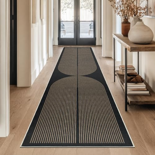 Capslpad Teppich Läufer Flur 80x300cm Jute Aussehen KüchenTeppich Natürlich Waschbar Teppich Schwarz Braun rutschfest Küchenläufer Korridor läufer Flur Küche,Schlafzimmer, Balkon