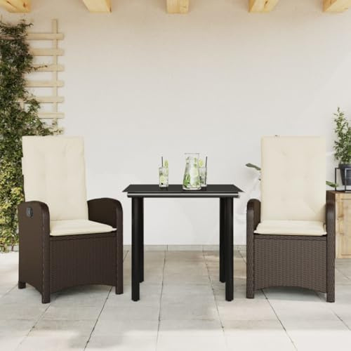 Tonture 3-TLG. Garten-Essgruppe, Braun Poly Rattan, mit Kissen, verstellbaren Stühlen, Glastisch, für Terrasse & Balkon, UV-beständig, 110 kg Traglast